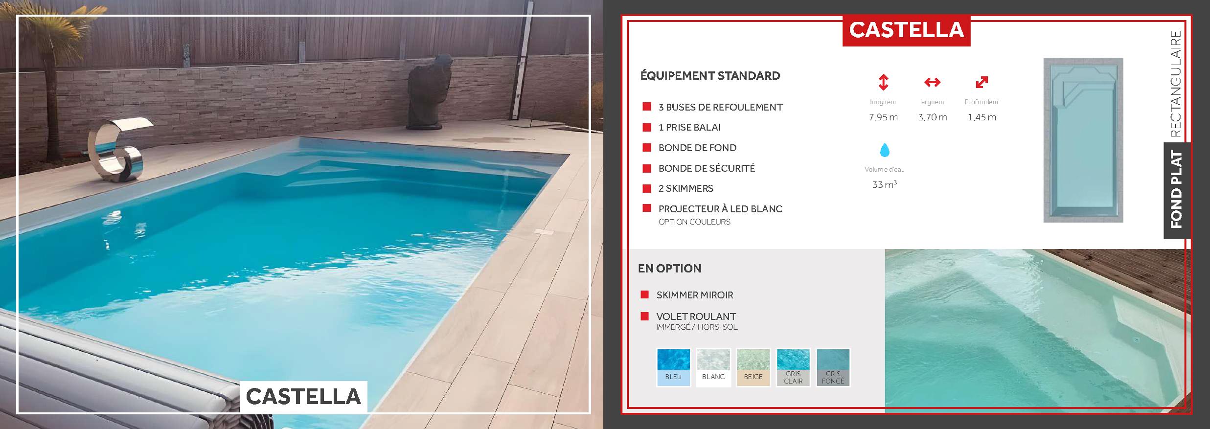 Castella Piscine à fond plat de 7,95 m x 3,70 m x 1,45 m