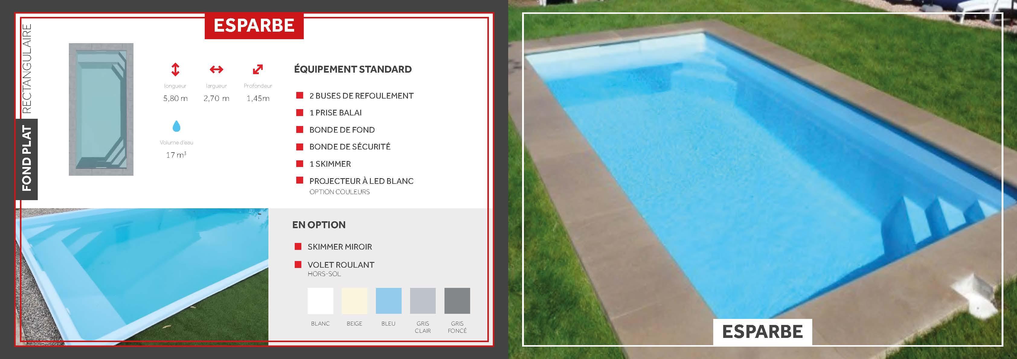 Esparbe Piscine à fond plat de 5,80 m x 2,70 m x 1,45 m