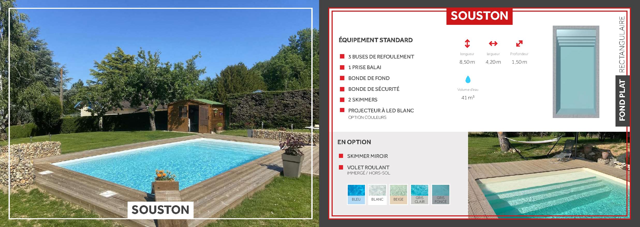 Souston Piscine à fond plat de 8,50 m x 4,20 m x 1,50 m